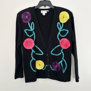 Vintage 80's Pia Rucci Black Knit Cardigan with Bright Ribbon Flowers Women’s M